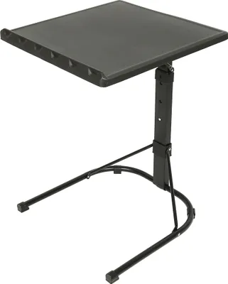 A black adjustable height table with a flat top and a U-shaped base, shown against a white background.