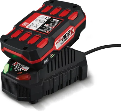 A black and red Parkside battery charger with a battery pack on top, shown against a white background.