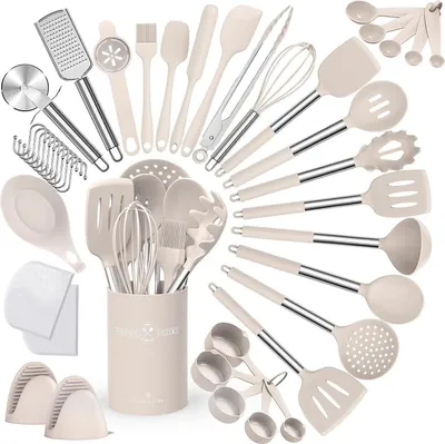 Image de Set de 34 ustensiles de cuisine en silicone Résistant à la chaleur avec support d'ustensiles Antiadhésif Poignée en acier inoxydable