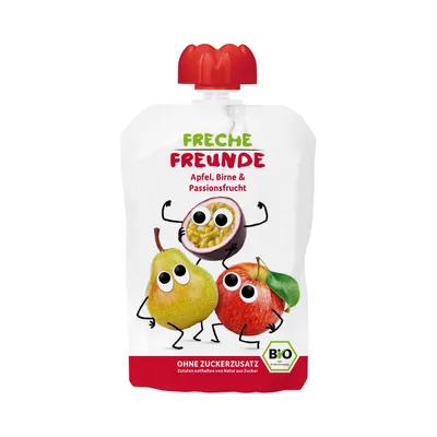 Obrázok produktu pre JABLKO - HRUŠKA - PASSION YA MOUSE BEZ PRIDANÉHO CUKRU, BEZLEPKU OD 6 MESIACOV100 g - FRECHE FREUNDE