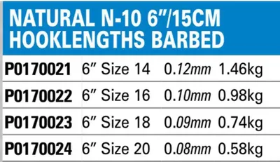 Immagine prodotto di 8x PRESTON NATURAL N-10 6" 15 cm BARBED Terminale per pesca con l'amo Terminale per pesca con il match Terminale per pesca con il feeder #16 / Ø 0,10 mm / 0,98 kg