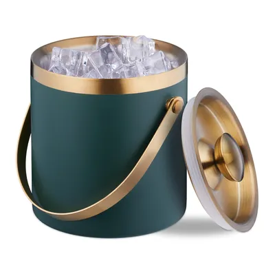 Produktbild von Relaxdays Eiswürfelbehälter, Edelstahl, doppelwandig, Eiseimer mit Deckel & Henkel, 1,5 l, Eiswürfelkübel, grün/gold, KI-generiertes Bild