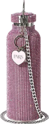 Produktbild von Paris Hilton pinke Glitzer-Trinkflasche, 750ml mit Edelstahlkörper und Strasssteinen Wasserflasche mit Metallanhänger und abnehmbarer Tragekette
