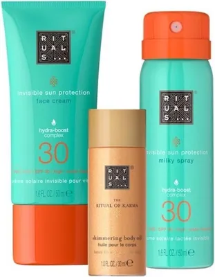 Obrázek produktu pro Rituals Karma Summer Sun Care Set Třpytivý tělový olej 30 ml / Obličejový krém SPF30 50 ml / Sprej SPF30 50 ml 130 ml