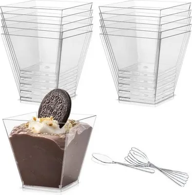 Produktbild von 50 wiederverwendbare Dessertbecher aus Kunststoff, robust, mit Löffeln, transparente Dessertbecher, Dessertschalen