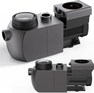 Two views of a dark gray pool pump with a clear lid on top and a black control panel.