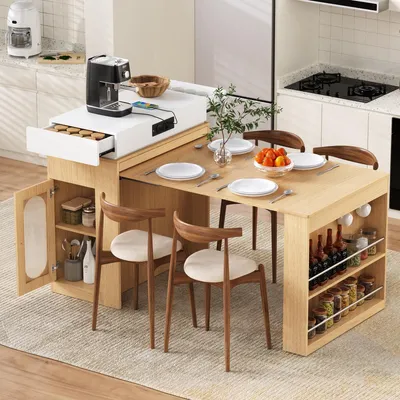 Image de Îlot de cuisine mobile en bois naturel, équipé de roulettes, avec table à manger extensible et plateau rabattable, table bar avec prises électriques et crochets, utilisable comme plan de travail ou comme meuble de rangement