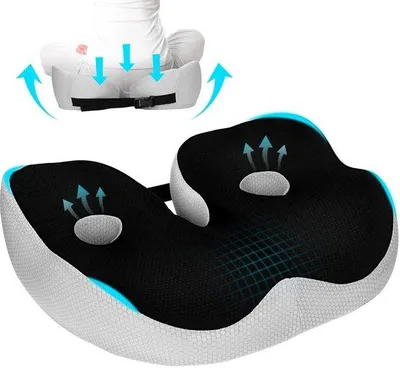 Obrázok produktu pre Unyqoos® Ergonomická sedacia podložka z pamäťovej peny – tvar U pre odľahčenie kostrče a chrbta, s protišmykovou, umývateľnou 3D sieťovinou