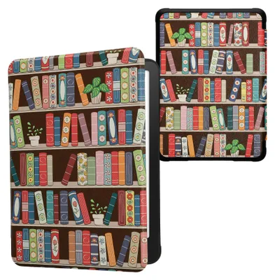 Produktbild von kwmobile Schutzhülle für Amazon Kindle Paperwhite (2024)/Colorsoft Hülle - eReader Flip Case mit Auto Sleep Funktion - Bücherregal mit Pflanzen mit