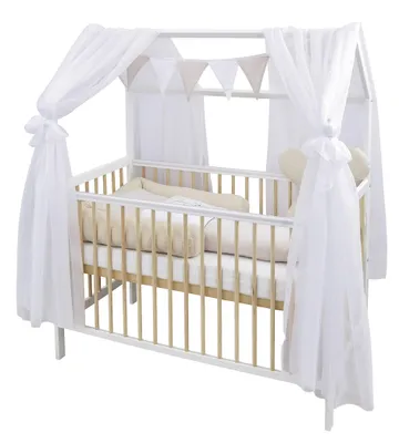 Produktbild von Baby-Delux Hausbett Kinderbett Gitterbett Weiß Natur 60x120 Beißschienen Schutzgitter Matratze Bett Set Waffelpique Teddy Beige Chiffonhimmel