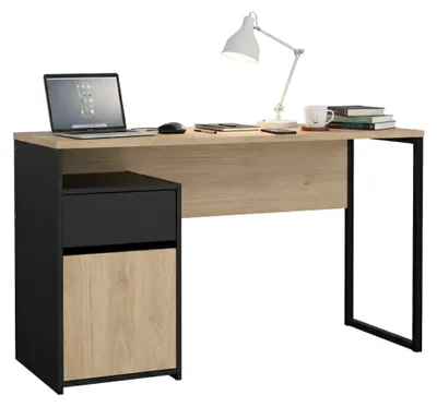 Produktbild von Schreibtisch Mele, Mehrzweckschreibtisch, Bürotisch für PC, Eckschreibtisch, 130x48 h77 cm, Eiche und Schwarz