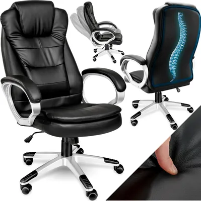 A collage of images showcasing a black office chair with silver accents, highlighting its ergonomic features and design.