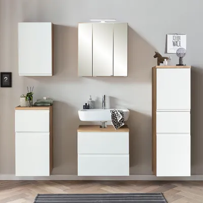 Produktbild von Badmöbel Set mit Midischrank, stehend oder hängend, in Wotan Eiche Nb. mit weiß matt, VASTO-03-WHITE, B/H/T ca. 170/200/35 cm