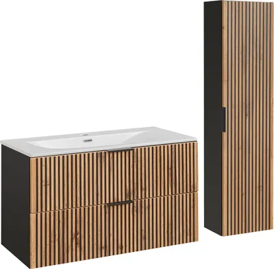 Produktbild von Waschtisch und Hängesäule 100.2cm Gaia mit 2 Schubladen, Eichenoptik und Schwarz