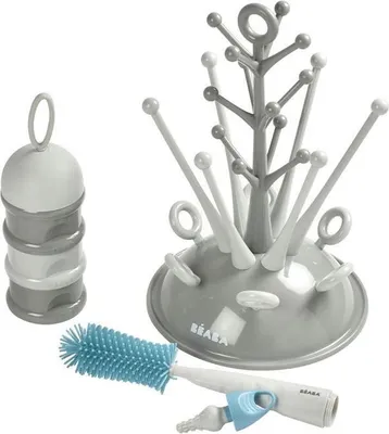 Image de Coffret Naissance BEABA, Égoutte Biberon Arbre Grey, Boîte Doseuse Light/Dark Mist, Goupillon Silicone, Bavoir Coton Tropical