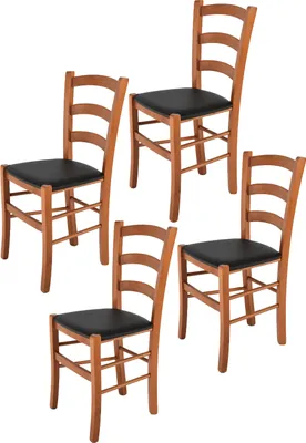 Produktbild von t m c s Tommychairs - 4er Set Stühle VENICE für Küche und Esszimmer, robuste Struktur aus lackiertem Buchenholz im Farbton Kirschholz und gepolsterte Sitzfläche mit KUNSTLEDER in der Farbe Schwarz bezogen