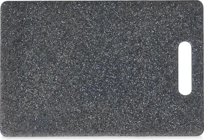 A dark gray speckled cutting board with a handle cutout on a white background.