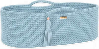 Produktbild von Handgemachter Boho-Baumwoll-Moseskorb mit Matratze - nebelblau