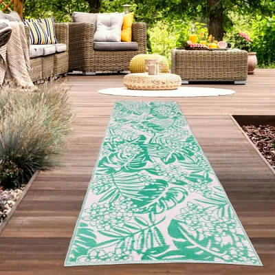 Produktbild von Wasserfester Outdoor-Teppich mit tropischem Design in petrol Größe - 90 x 300 cm
