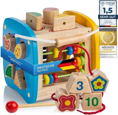 Produktbild von Steckwürfel aus Holz Entdeckerbox Motorikwürfel Formensortierer Lernspielzeug für Babys & Kleinkinder Pädagogisches Holzspielzeug Motorik