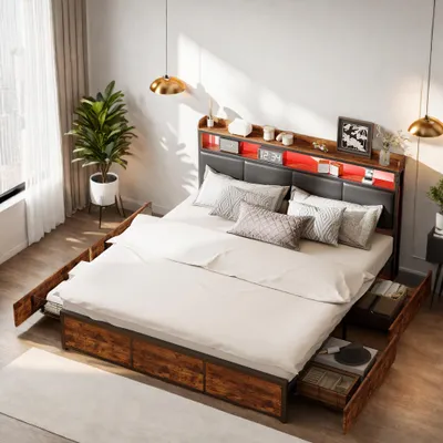 Produktbild von ProximaX Polsterbett 180x200cm mit USB und LED, Doppelbett Stauraumbett mit Nachttisch und 4 Schubladen, Holzbett Funktionsbett, Schwarz