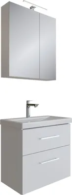 Produktbild von Planetmöbel Badmöbel-Set Waschtisch mit Unterschrank Weiß 63 cm & Spiegelschrank 60 cm mit LED-Leuchte (Schwarz Matt) & Steckdose