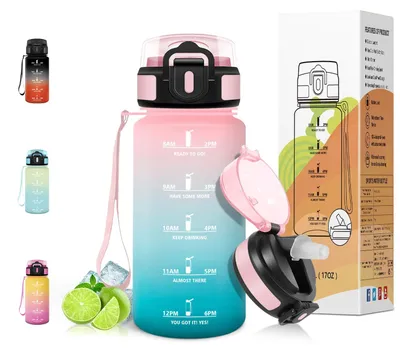 Produktbild von Trinkflasche 500ml mit Strohhalm, auslaufsicher, für Kohlensäure, Rosa-Grün