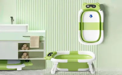 Image de （Vert）Baignoire pour bébé avec capteur de température - Baignoire portable pour jeunes enfants, pliable et peu encombrante, idéale pour les nouveau-nés et les jeunes enfants