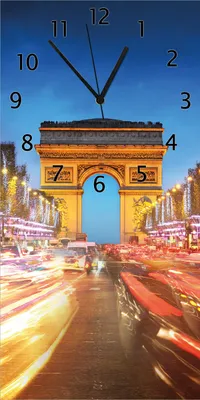 Produktbild von Wallario Design Wanduhr bedruckt, Größe 30 x 60 cm, Motiv: Arc de triomphe in Paris bei Nacht