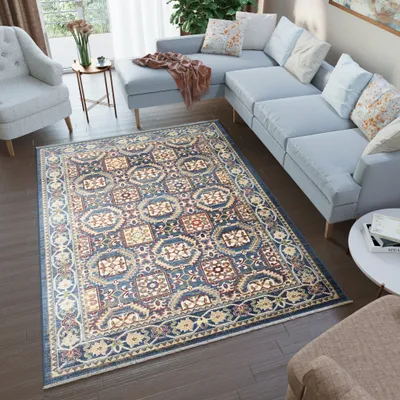 Image de Tapis RIVIOLI Design moderne Beige Bleu Salon 80 x 150 cm