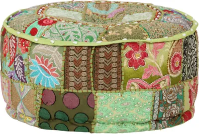 Image de Pouf rond en coton fait à la main 40 x 20 cm Vert