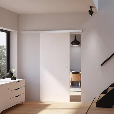 Produktbild von Schiebetür Holz Komplettset weiß 755 x 2035 mm Schienensystem mit Alu Laufschiene inkl. Beschlagset und Griffmuschel