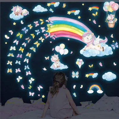 Produktbild von Leuchtsticker Sternenhimmel Wandsticker Kinderzimmer - Einhorn und Regenbogen - 2 Bögen 30 x 60 cm - Selbstklebend