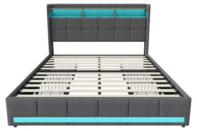 Produktbild von Polsterbett - Doppelbett - 140 x 200 cm - 4 Schubladen - LED-Beleuchtung mit USB-Anschlüssen - Lattenrost - Grau
