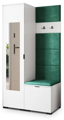 Produktbild von Masseno Garderobe-Set VIRA 95/181/51 cm Modern Garderobenschrank Weiß, Veloursstoff MONOLITH 37 (Grün)