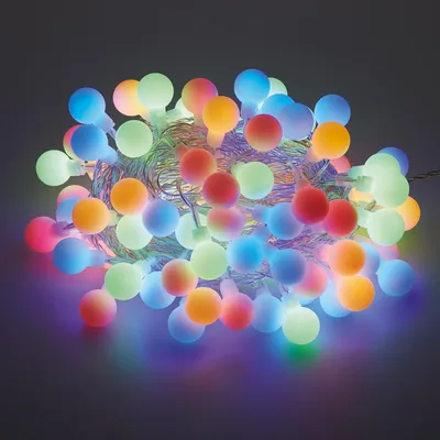 A string of colorful LED lights with round bulbs.