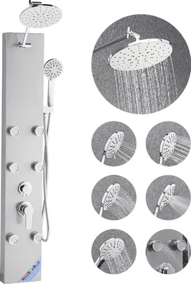 Immagine prodotto di Sistema a torre per pannelli doccia VEVOR (3 in 1) con soffione a pioggia, colonna doccia (124 cm) in acciaio inox spazzolato, sistema di massaggio a pioggia per montaggio a parete, con doccetta e 6 piccoli getti massaggianti