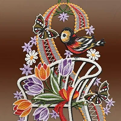 Produktbild von Fensterbild mit Tulpen, Schmetterlingen und Vogel aus Vogtländischer Spitze | Frühlingsmotiv mit Saughaken | Geschenkidee für Ostern, Maße 31 x 18 cm