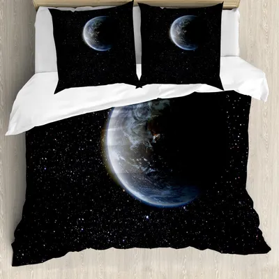 Produktbild von ABAKUHAUS Galaxis Bettbezug Set, Szenische Ansicht der Planeten-Erde vom Mond-dunklen Kosmos-Krater-Sciencefiction-Thema-Bild-Druck, 200 x 200 cm + 80 x 80 cm, Blau Schwarz