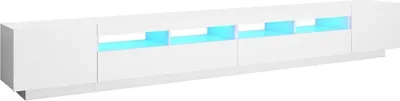 A long, white TV stand with blue LED lighting in the open compartments.