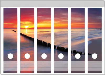 Produktbild von Wallario Ordnerrücken Sticker, selbstklebend für breite Ordner, 6 Stück, Motiv Farbenspiel im Himmel - Sonnenuntergang am Strand