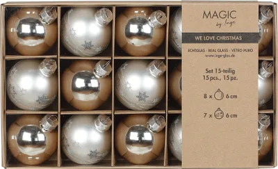 Produktbild von Weihnachtskugeln Glas 6cm Sterne Motiv 15 Stück - Frosty Silver
