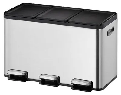 A three-compartment recycling bin with stainless steel exterior and black lids and pedals.