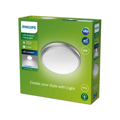 Produktbild von Philips Doris Deckenleuchte, 6 W, Deckenbeleuchtung für den Außenbereich, Nickel, Metall, Kunststoff, IP54, Terrasse, Garten, I