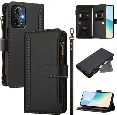 Produktbild von Handyhülle für Oppo Reno8 4G Reißverschluss Geldbörse Kunstleder Klapphülle mit Kartensteckplatz, Ständer, Handschlaufe Schwarz