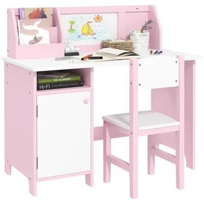 Image de Bureau pour enfant en bois - Ensemble bureau et chaise - Avec tableau blanc - Avec organisateur de rangement - Pour les enfants à partir de 5 ans - 90x45x85 cm - Rose