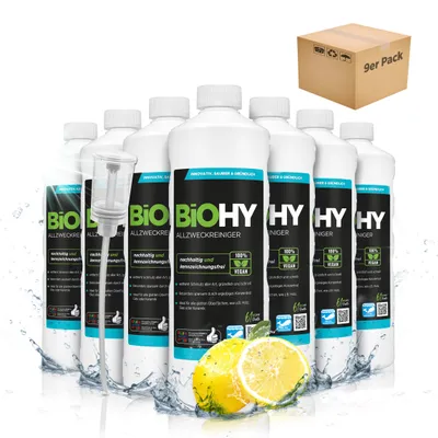 Produktbild von BiOHY Allzweckreiniger Konzentrat (9x1l Flasche) + Dosierer | Schonender Profi - Universalreiniger für Haushalt und Auto | vollständig biologisch abbaubar