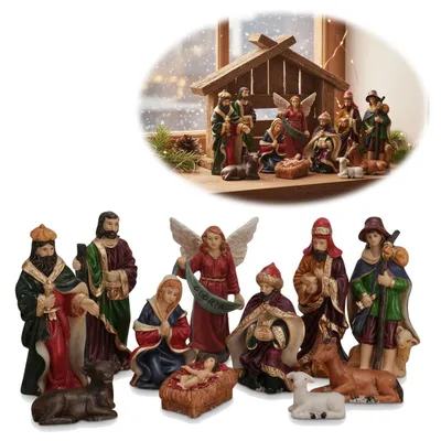 Produktbild von LS-LebenStil Krippenfiguren Set 11 Figuren 5-10cm groß hoch Traditionell Handbemalt Krippe Krippenset Weihnachten Krippe Maria Josef Jesus 11-teilig