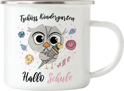 Produktbild von Tschüss Kindergarten Hallo Schule Emaille Tasse Einschulung Grundschule Süßes Eulen-Motiv