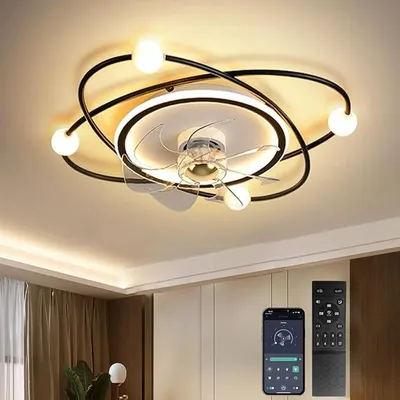 Obrázek produktu pro Moderní stropní ventilátor s osvětlením, 55 cm. Stropní LED lampa s ventilátorem, stmívatelná, 48 W. Stropní ventilátor s lampou s časovačem, vhodný do obývacího pokoje a jídelny (černý)